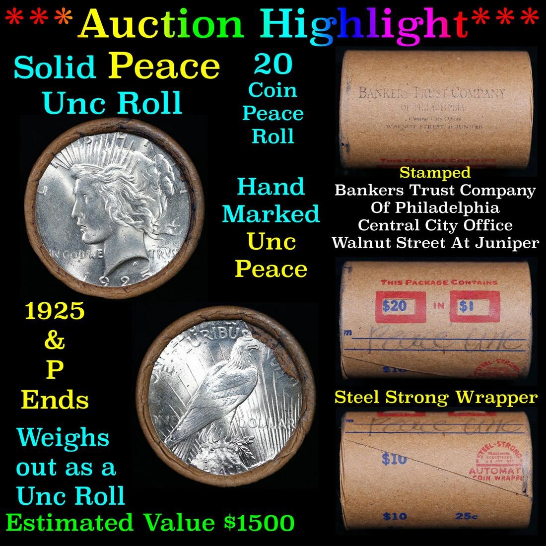 ***Auction Highlight*** Solid Uncirculated Peace silver dollar roll 1925 & P Ends, 20 coins (fc) (1 of 6)