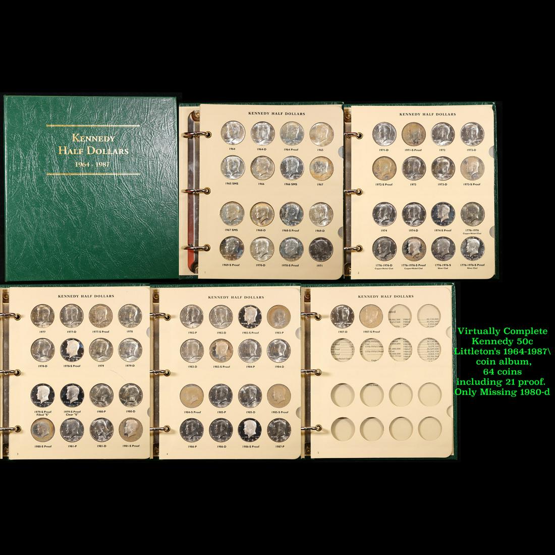Virtually Complete Kennedy 50c Littleton's 1964-1987 coin album, 64 coins including 21 proof. Only (1 of 7)