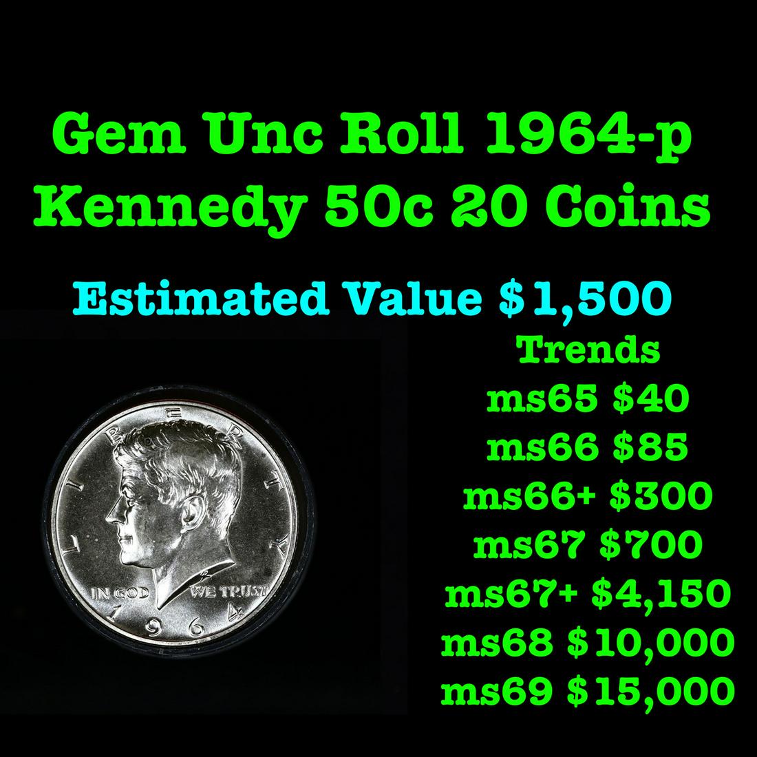 Full roll of 1964-p Silver Kennedy 50c, 20 Coins total Kennedy Half Dollar 50c (1 of 2)