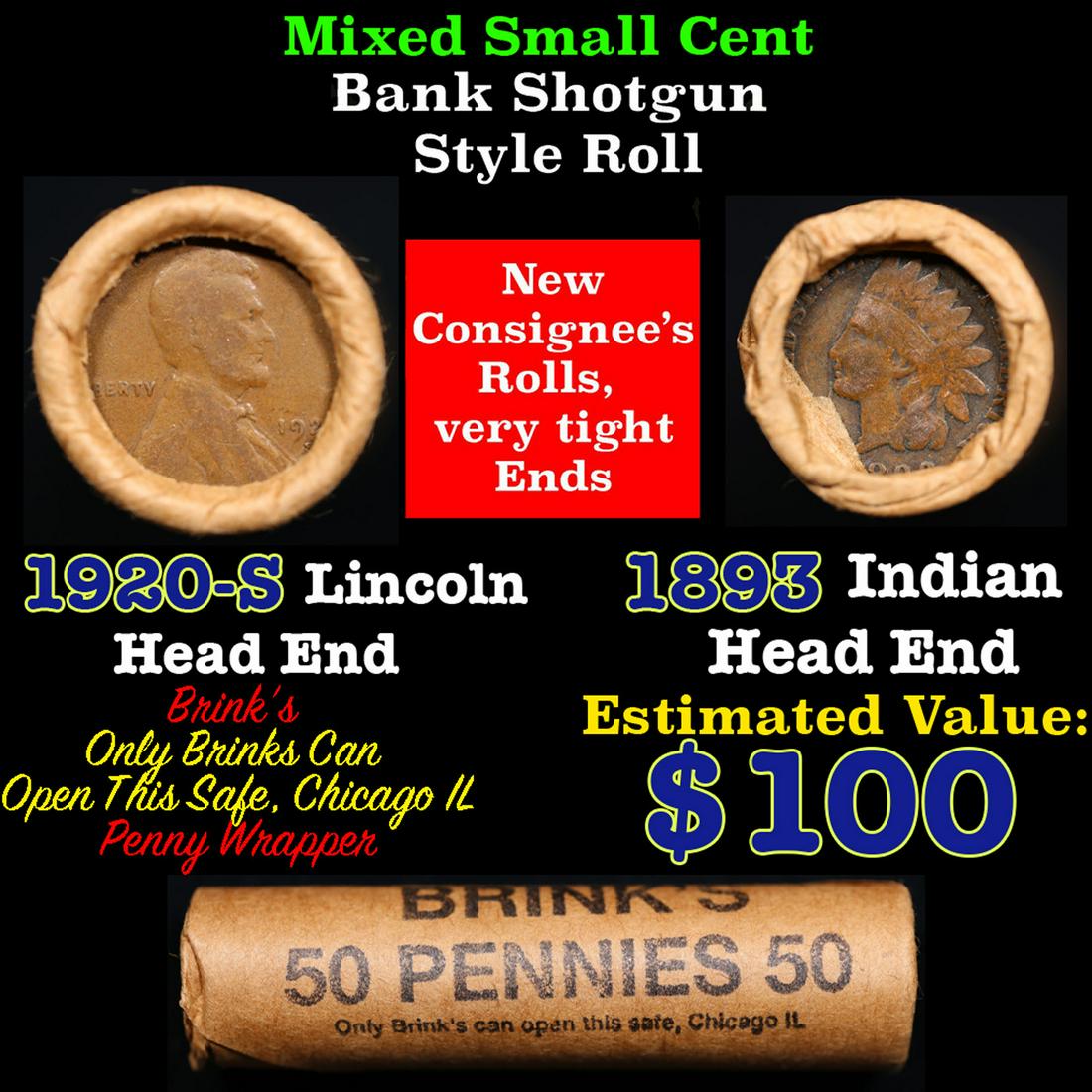 Mixed small cents 1c orig shotgun roll, 1920-s  Wheat Cent, 1893 Indian Cent other end, brinks (1 of 4)