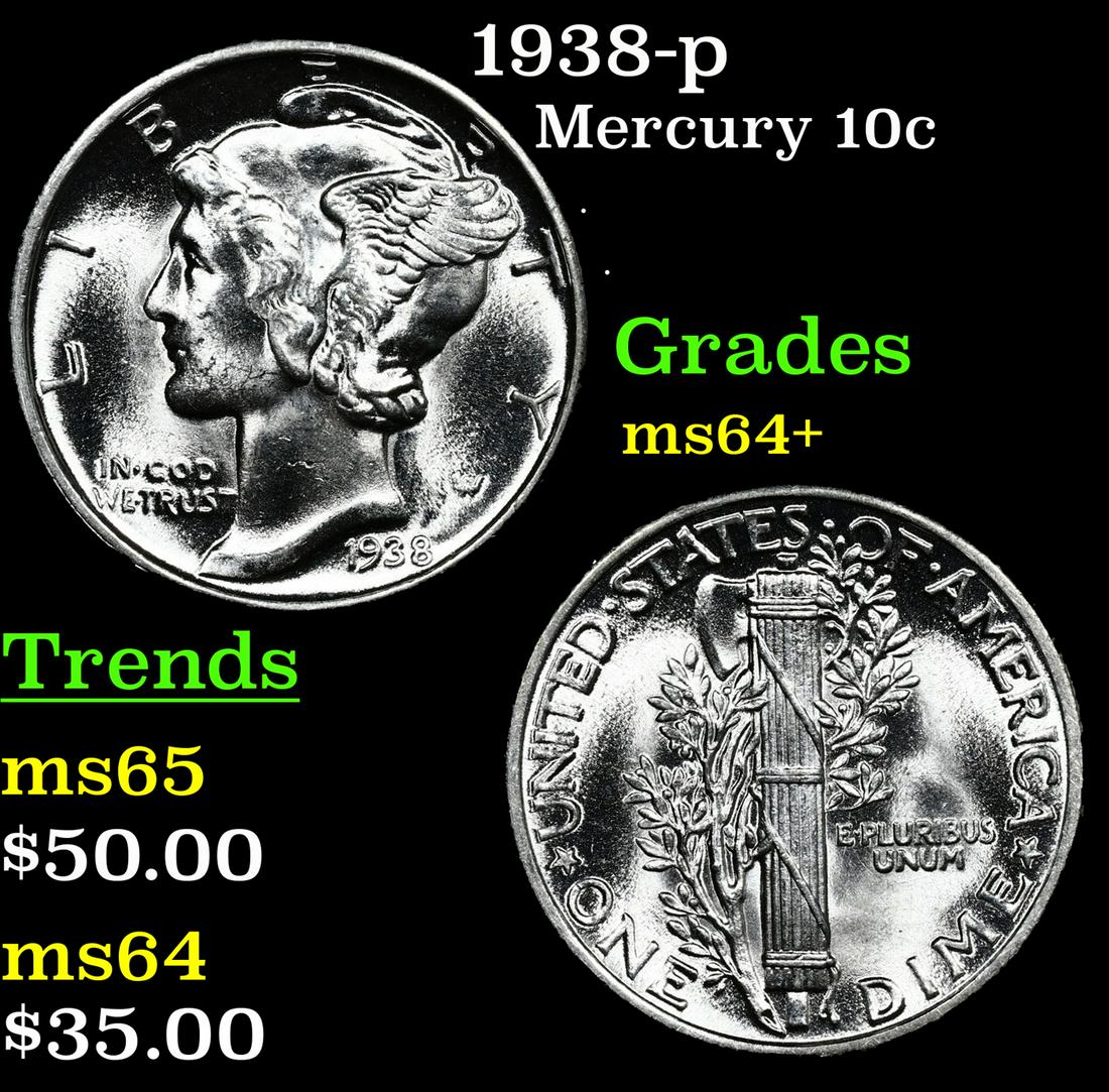 1938-p Mercury Dime 10c Grades Choice+ Unc (1 of 3)