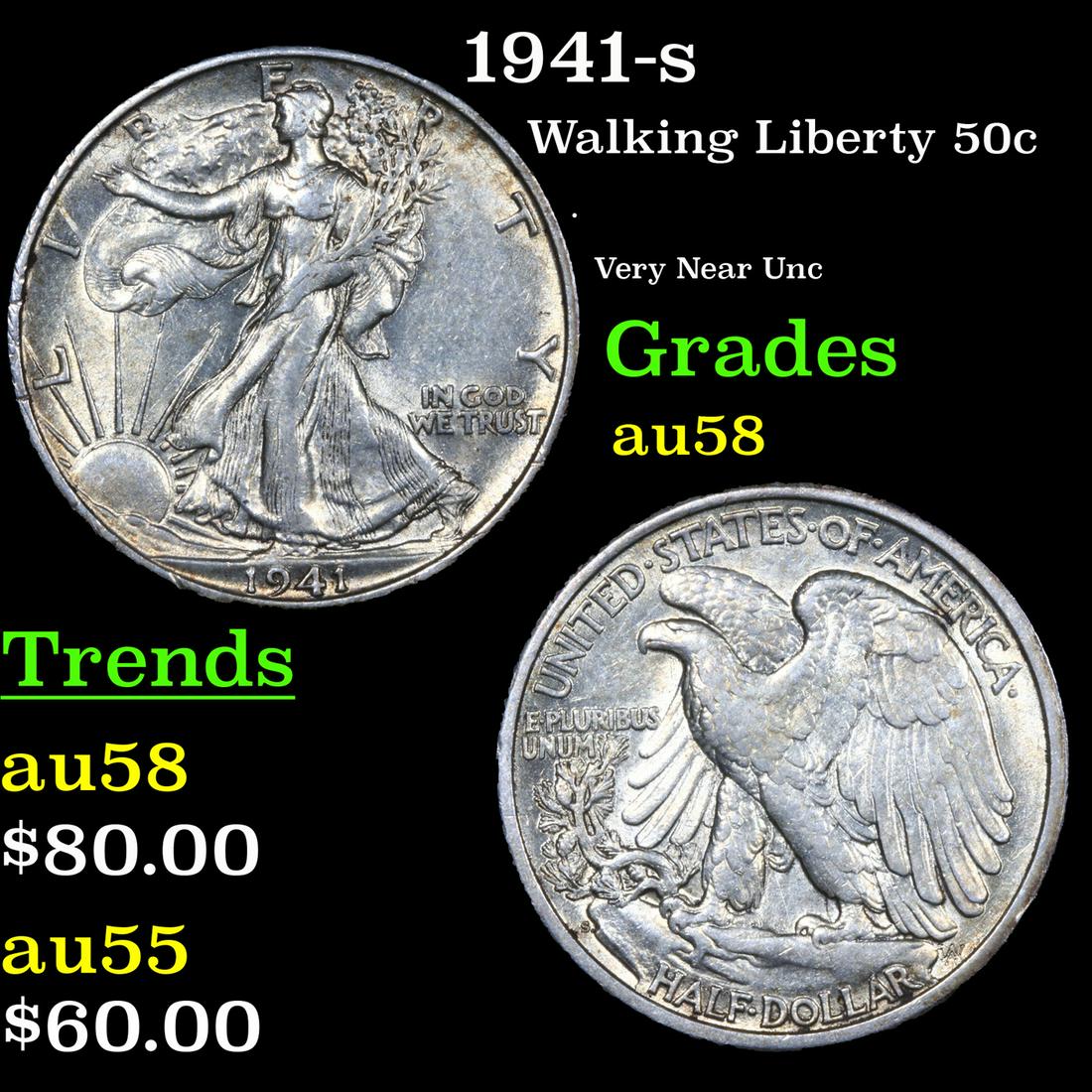 1941-s Walking Liberty Half Dollar 50c Grades Choice AU/BU Slider (1 of 3)