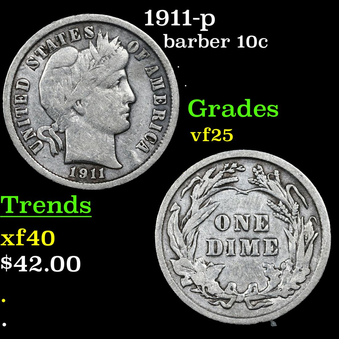 1911-p Barber Dime 10c Grades vf+ (1 of 3)