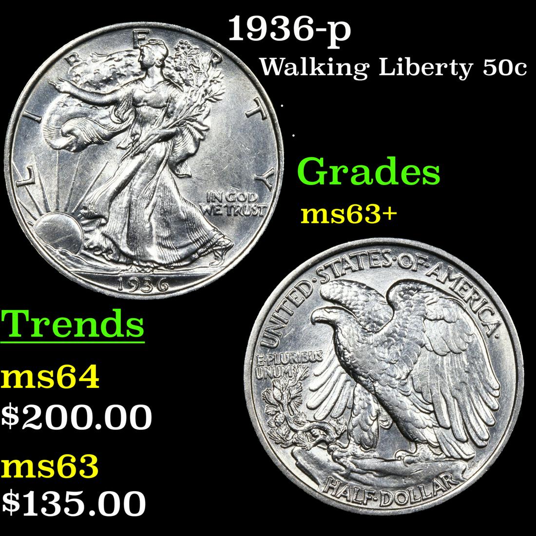 1936-p Walking Liberty Half Dollar 50c Grades Select+ Unc (1 of 3)