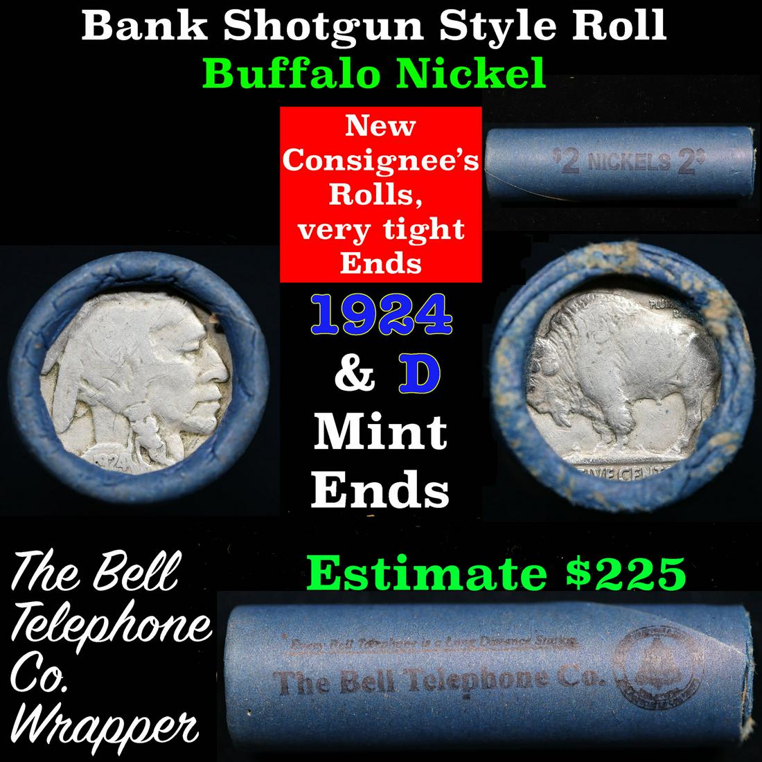 Buffalo Nickel Shotgun Roll in Old Bank Style 'Bell Telephone'  Wrapper 1924 & d Mint Ends (1 of 5)