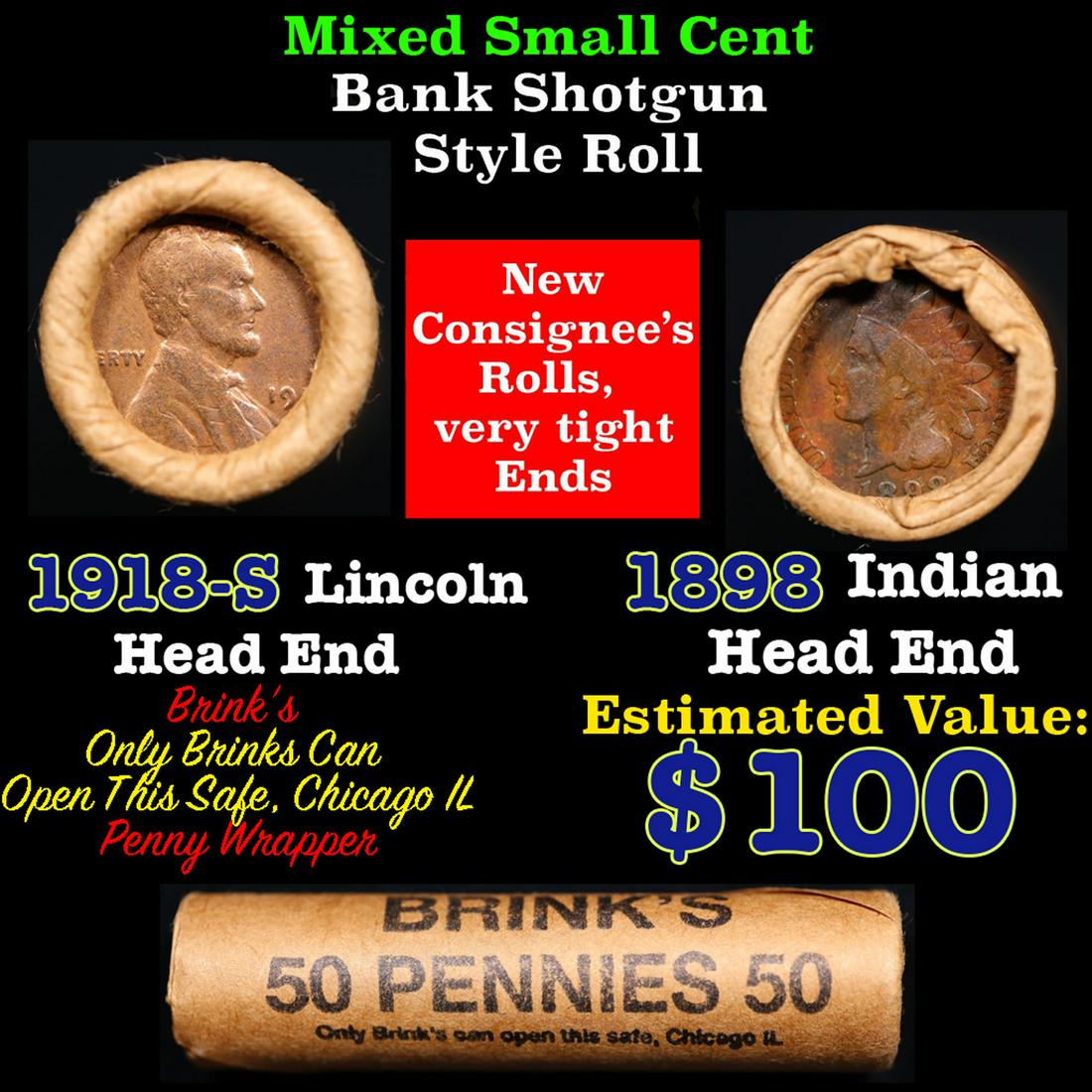Mixed small cents 1c orig shotgun roll, 1918-s  Wheat Cent, 1898 Indian Cent other end, brinks (1 of 4)