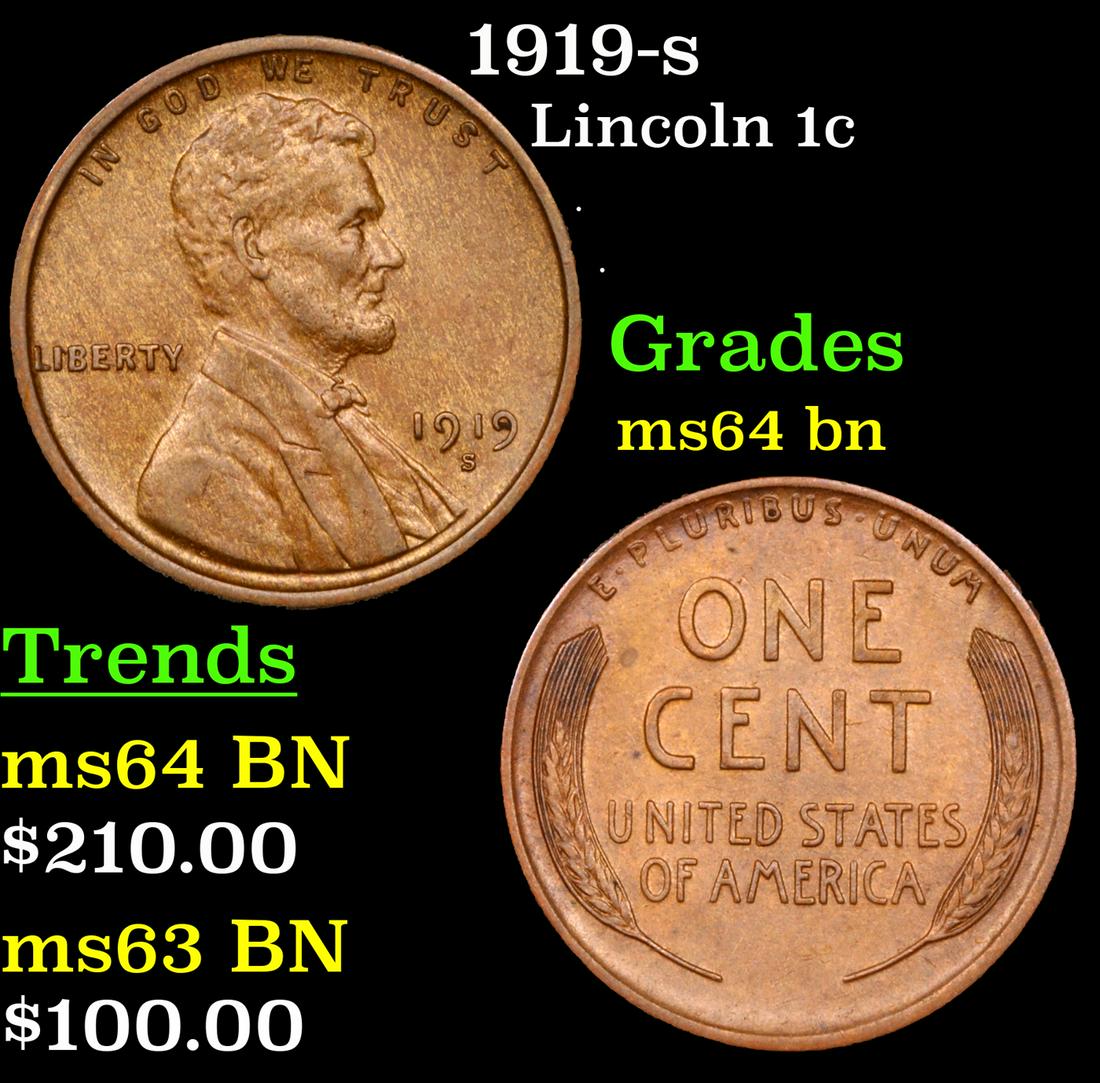 1919-s Lincoln Cent 1c Grades Choice Unc BN (1 of 3)