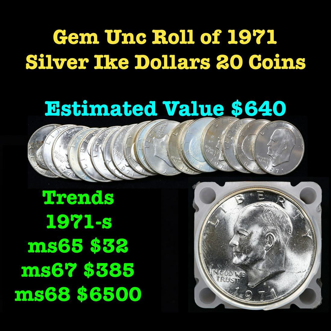 Full Roll Gem Unc 1971-s Silver Eisenhower 'Ike' Dollars. 20 Coins total. (1 of 3)