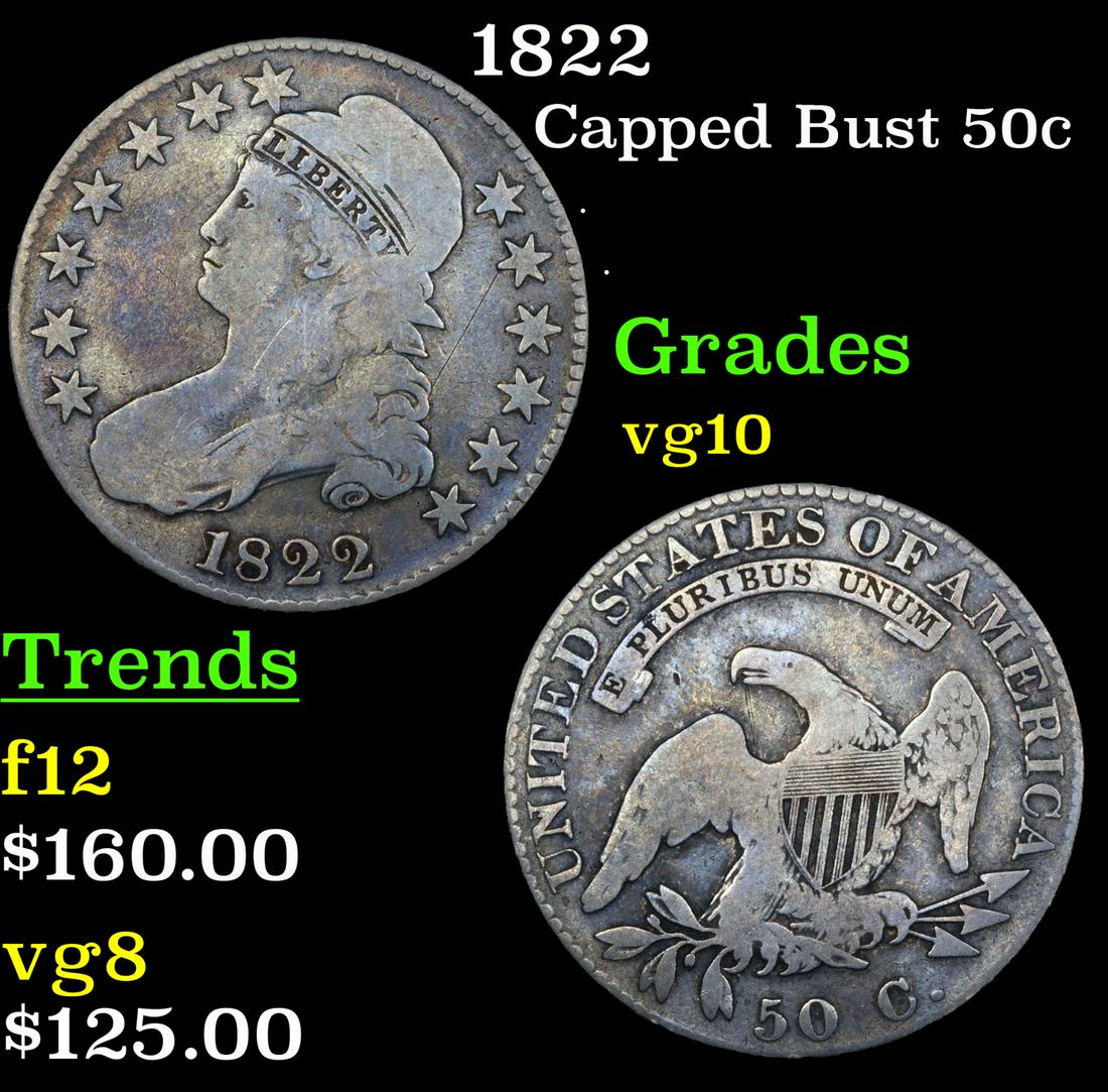 1822 Capped Bust Half Dollar 50c Grades vg+ (1 of 3)