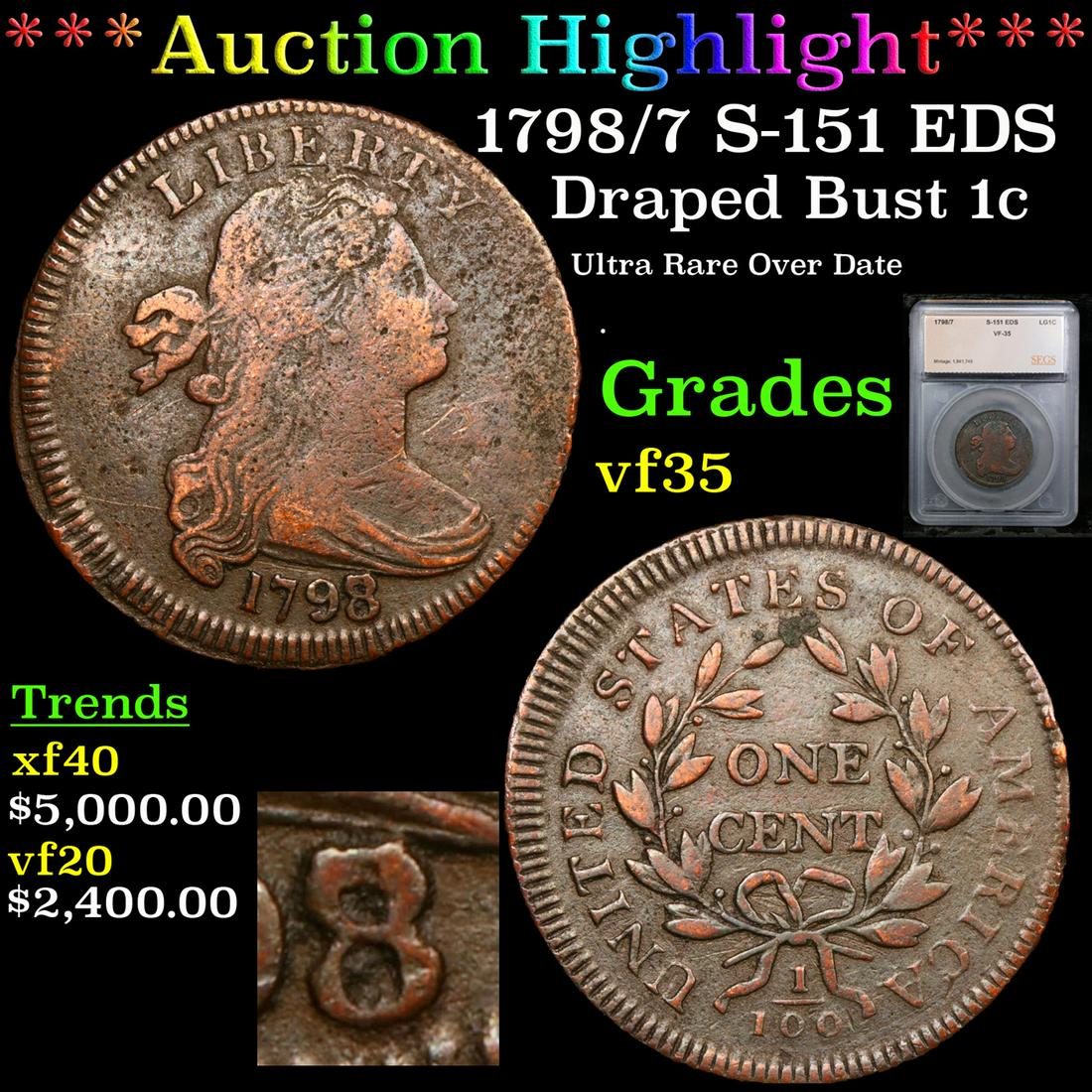 ***Auction Highlight*** 1798/7 Draped Bust Large Cent 1c Graded vf35 By SEGS (fc) (1 of 6)