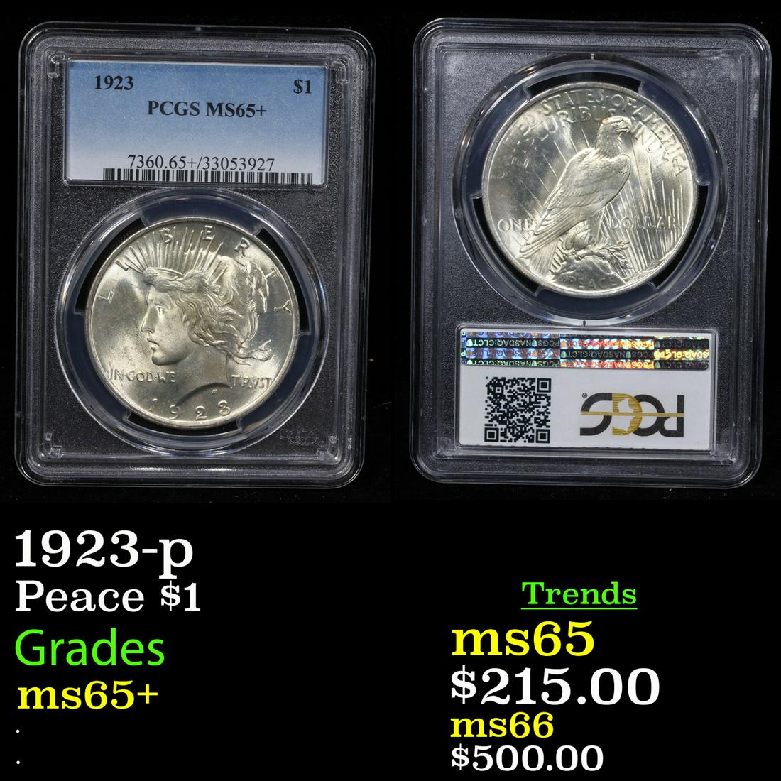 PCGS 1923-p Peace Dollar $1 Graded ms65+ By PCGS (1 of 3)
