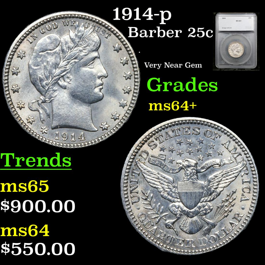 1914-p Barber Quarter 25c Graded ms64+ By SEGS (1 of 5)