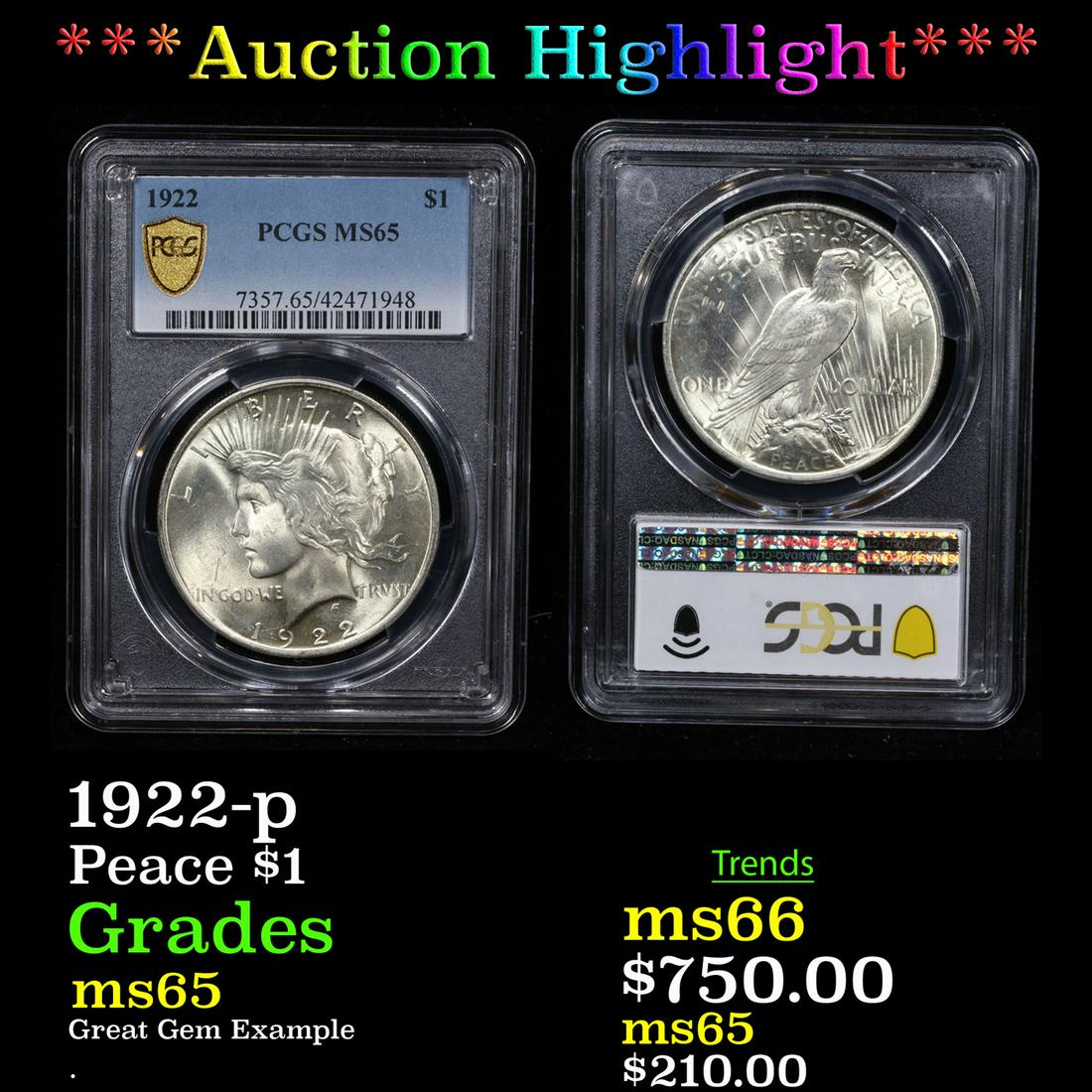 ***Auction Highlight*** PCGS 1922-p Peace Dollar $1 Graded ms65 By PCGS (fc) (1 of 3)