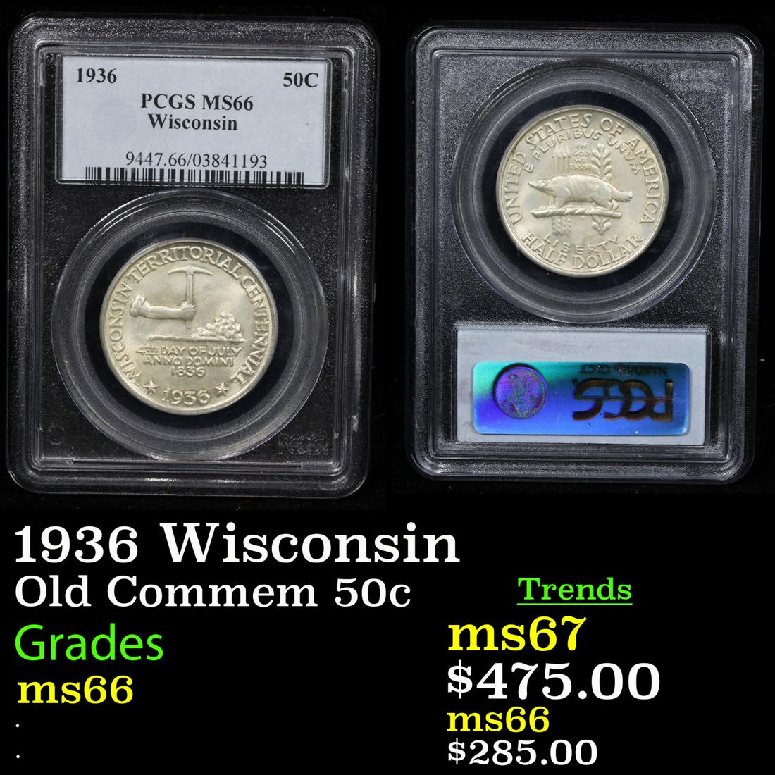 PCGS 1936 Wisconsin Old Commem Half Dollar 50c Graded ms66 By PCGS (1 of 3)