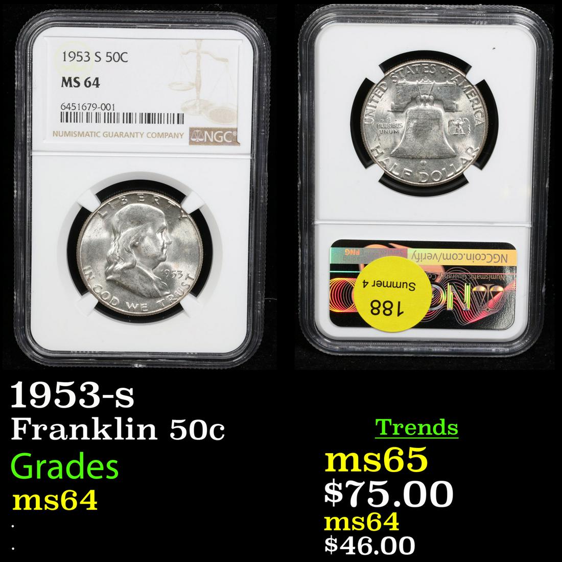 NGC 1953-s Franklin Half Dollar 50c Graded ms64 By NGC (1 of 3)