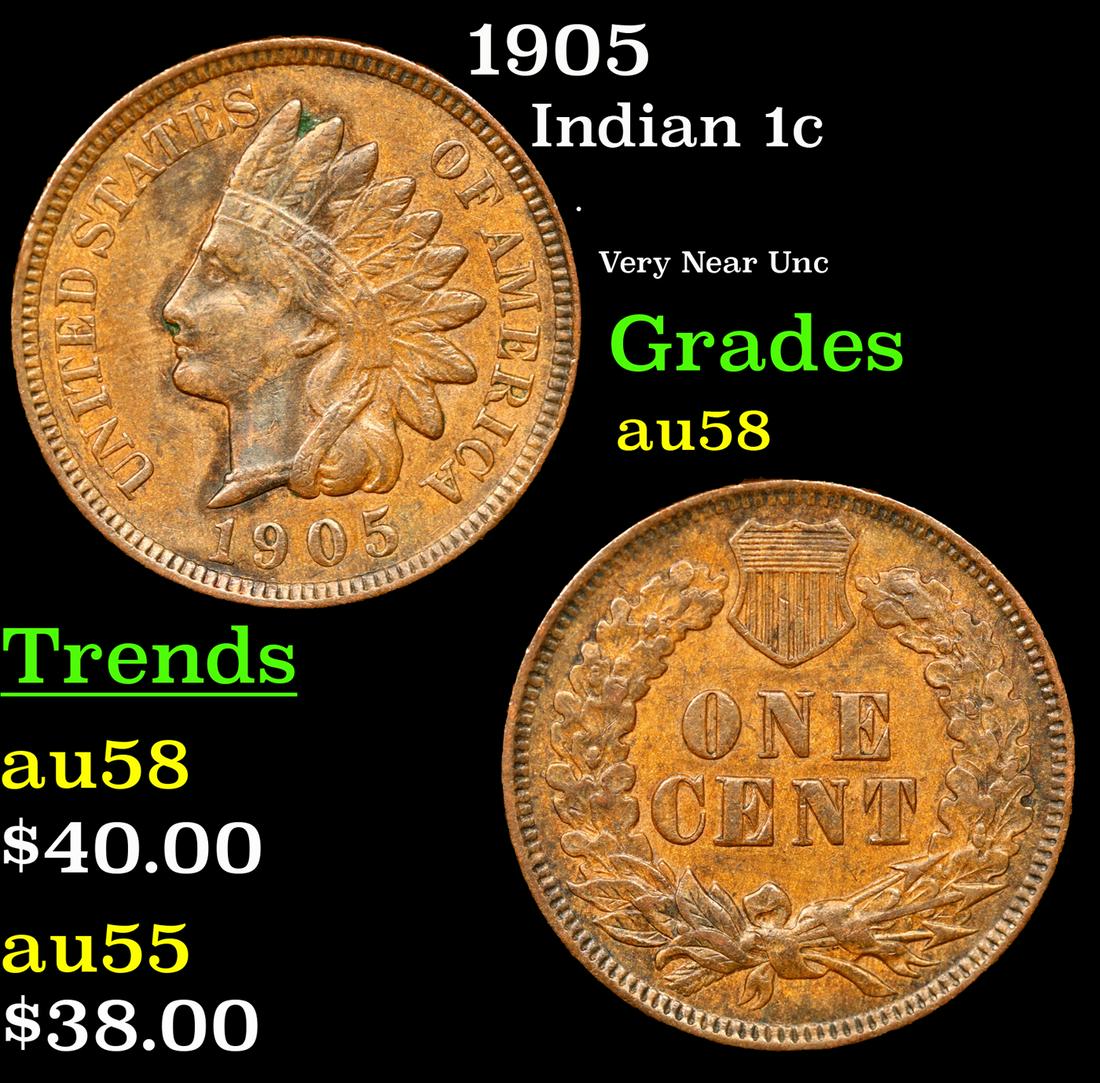 1905 Indian Cent 1c Grades Choice AU/BU Slider (1 of 3)