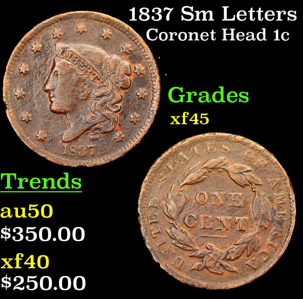 1837 Sm Letters Coronet Head Large Cent 1c Grades xf+ (1 of 3)