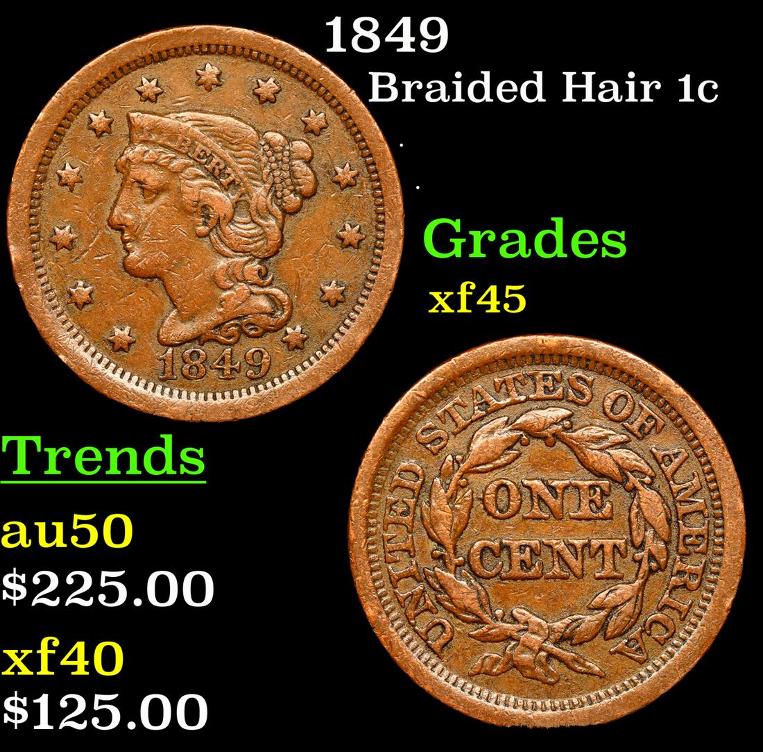 1849 Braided Hair Large Cent 1c Grades xf+ (1 of 3)