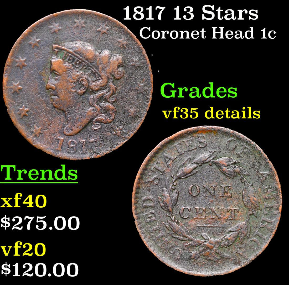 1817 13 Stars Coronet Head Large Cent 1c Grades vf details (1 of 3)