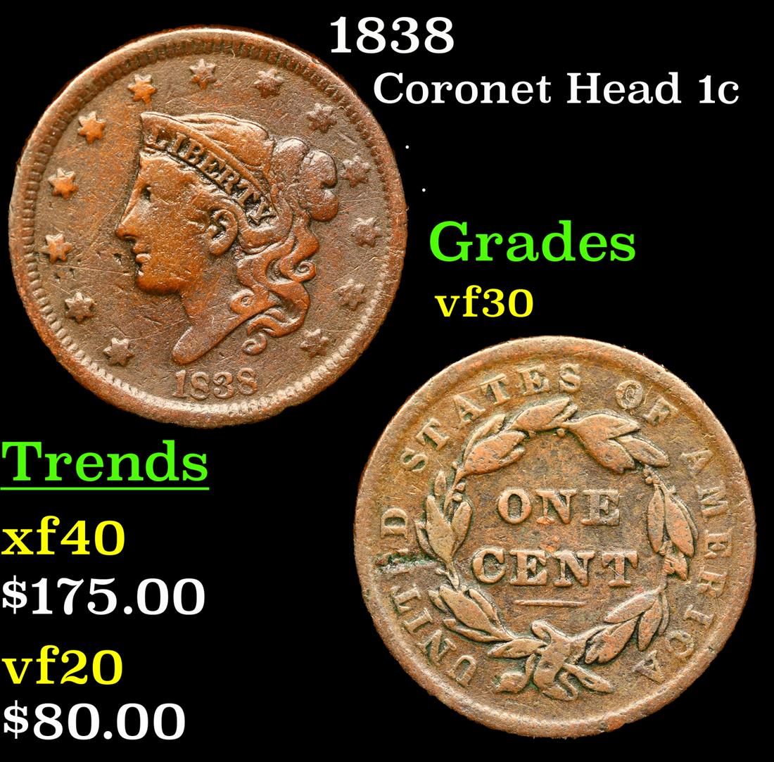 1838 Coronet Head Large Cent 1c Grades vf++ (1 of 3)