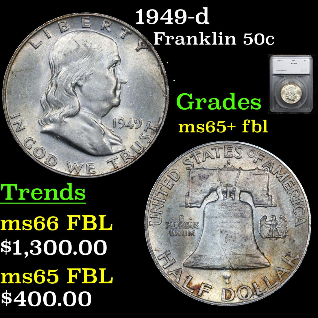 1949-d Franklin Half Dollar 50c Graded ms65+ fbl By SEGS (1 of 5)