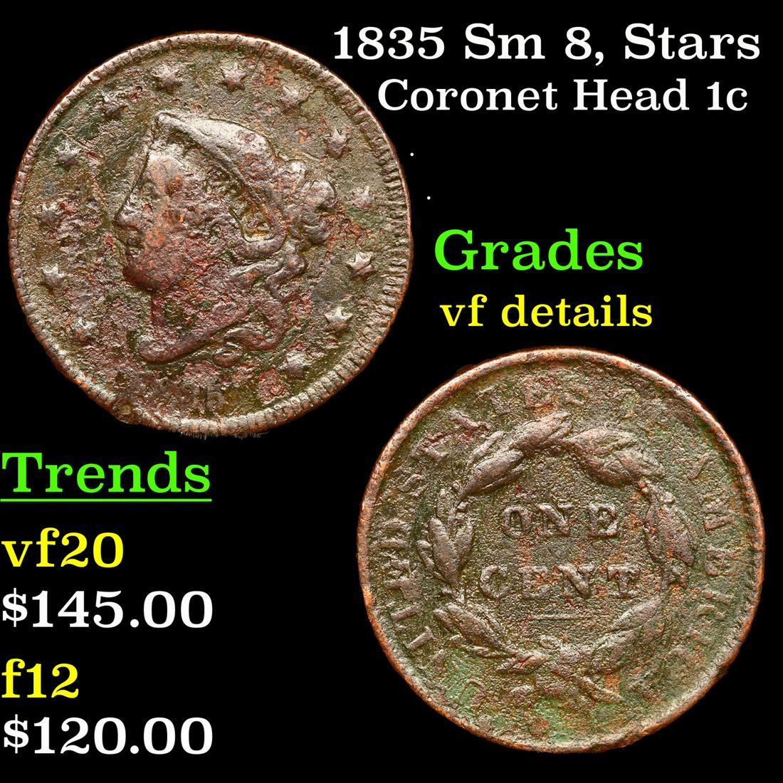 1835 Sm 8, Stars Coronet Head Large Cent 1c Grades vf details (1 of 3)