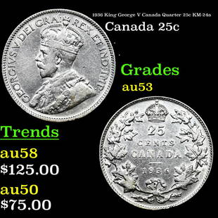 1936 King George V Canada Quarter 25c Cents 25c KM-24a Grades Select AU: 1936 King George V Canada Quarter 25c KM-24a Cents 25c Grades Select AU. King George V (George Frederick Ernest Albert; 3 June 1865 â€“ 20 January 1936) was King of the United Kingdom and the Bri