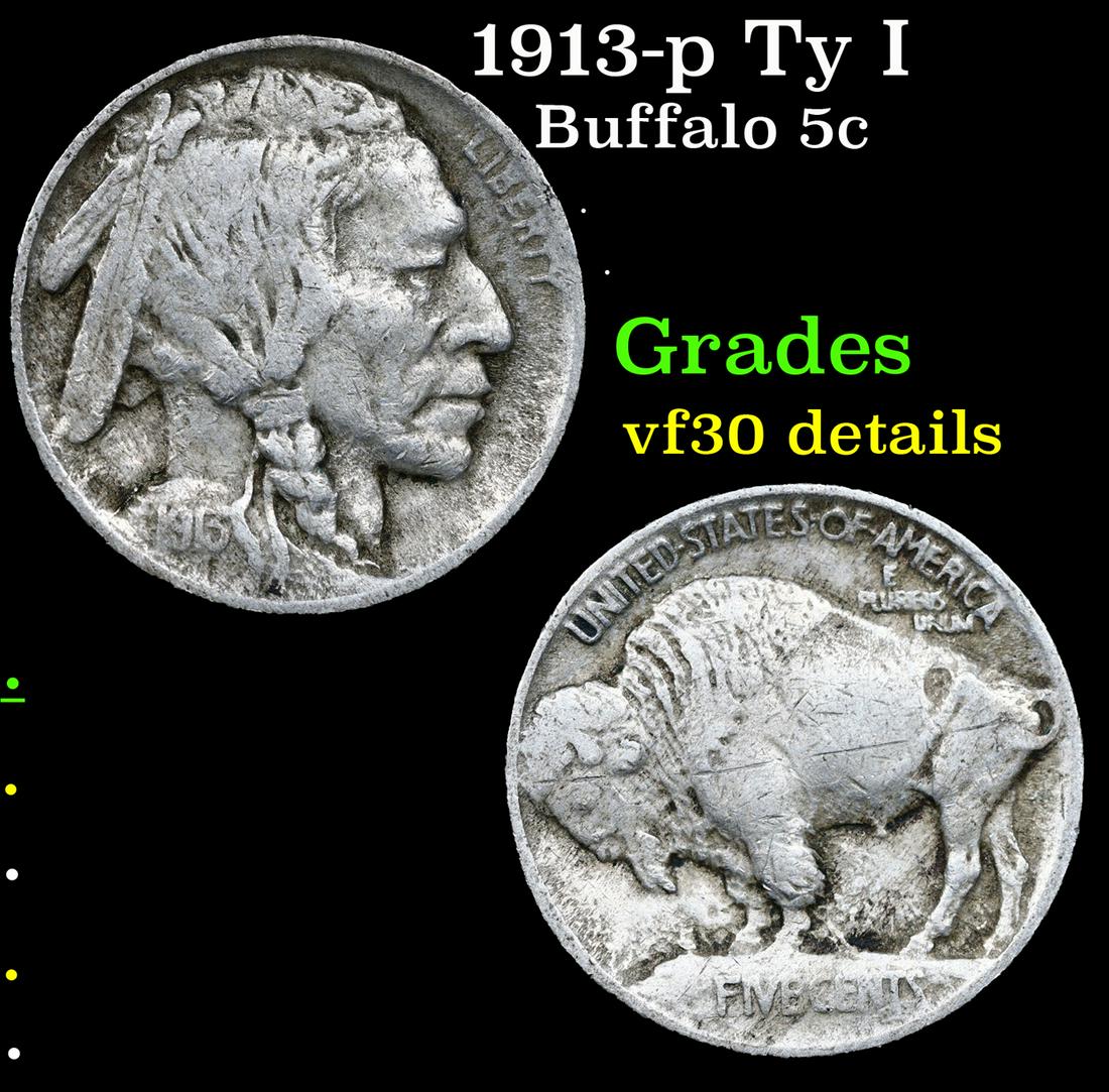 1913-p Ty I Buffalo Nickel 5c Grades vf details (1 of 3)