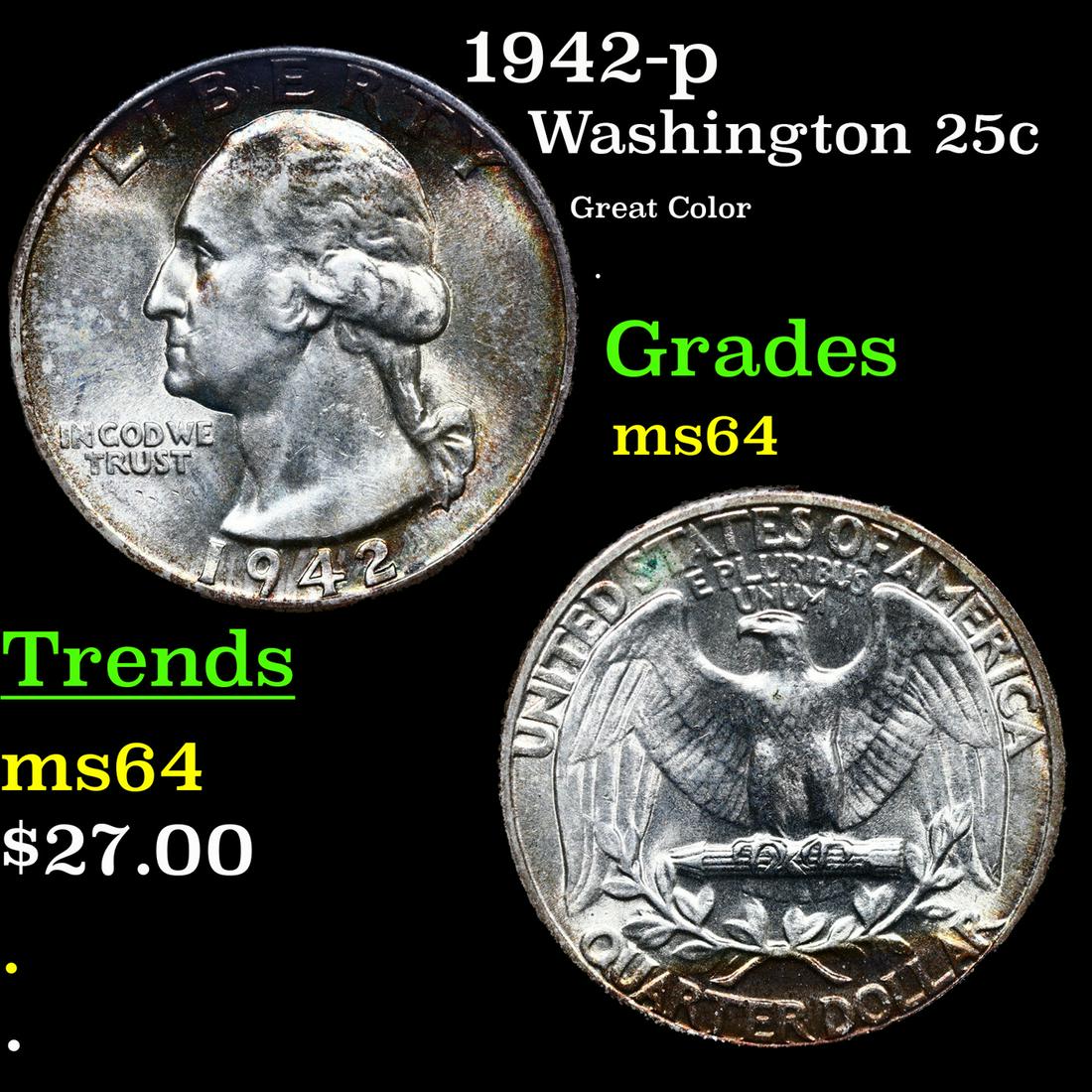 1942-p Washington Quarter 25c Grades Choice Unc (1 of 3)