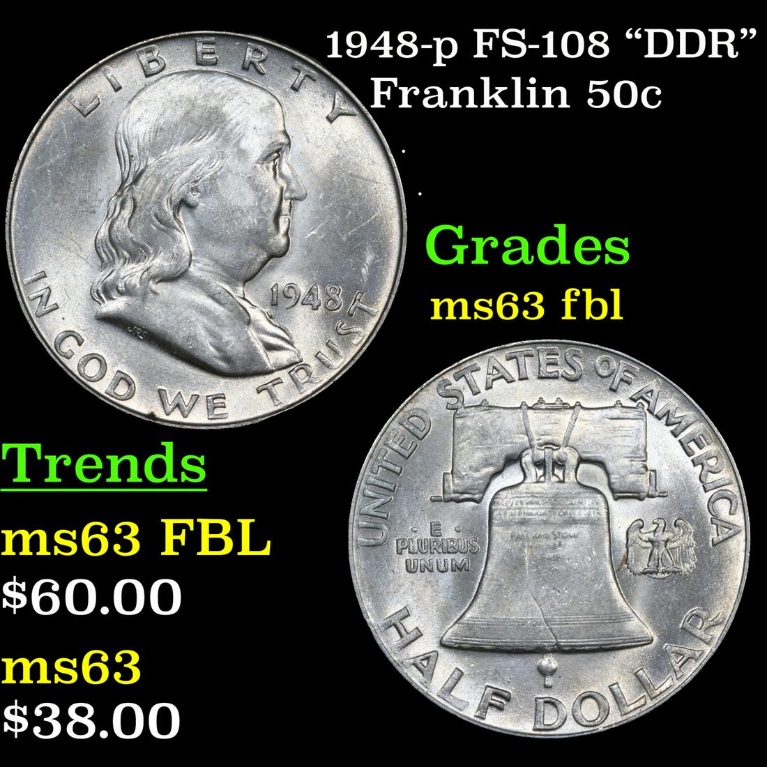 1948-p Franklin Half Dollar FS-108 "DDR" 50c Grades Select Unc FBL (1 of 3)
