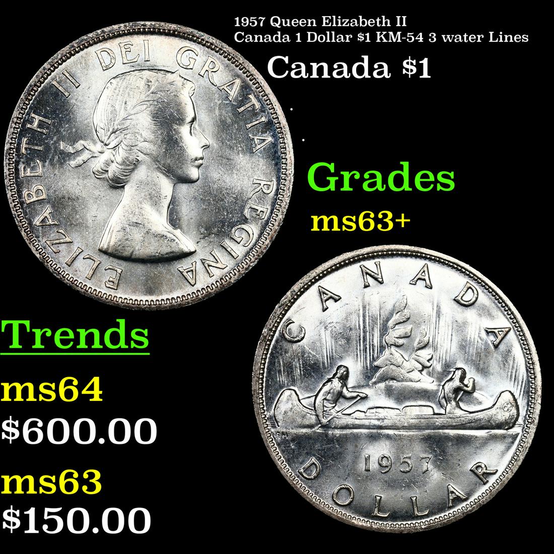 1957 Queen Elizabeth II Canada 1 Dollar $1 Dollar $1 KM-54 3 water Lines Grades Select+ Unc (1 of 3)