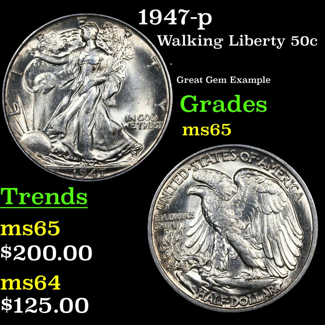 1947-p Walking Liberty Half Dollar 50c Grades GEM Unc (1 of 3)