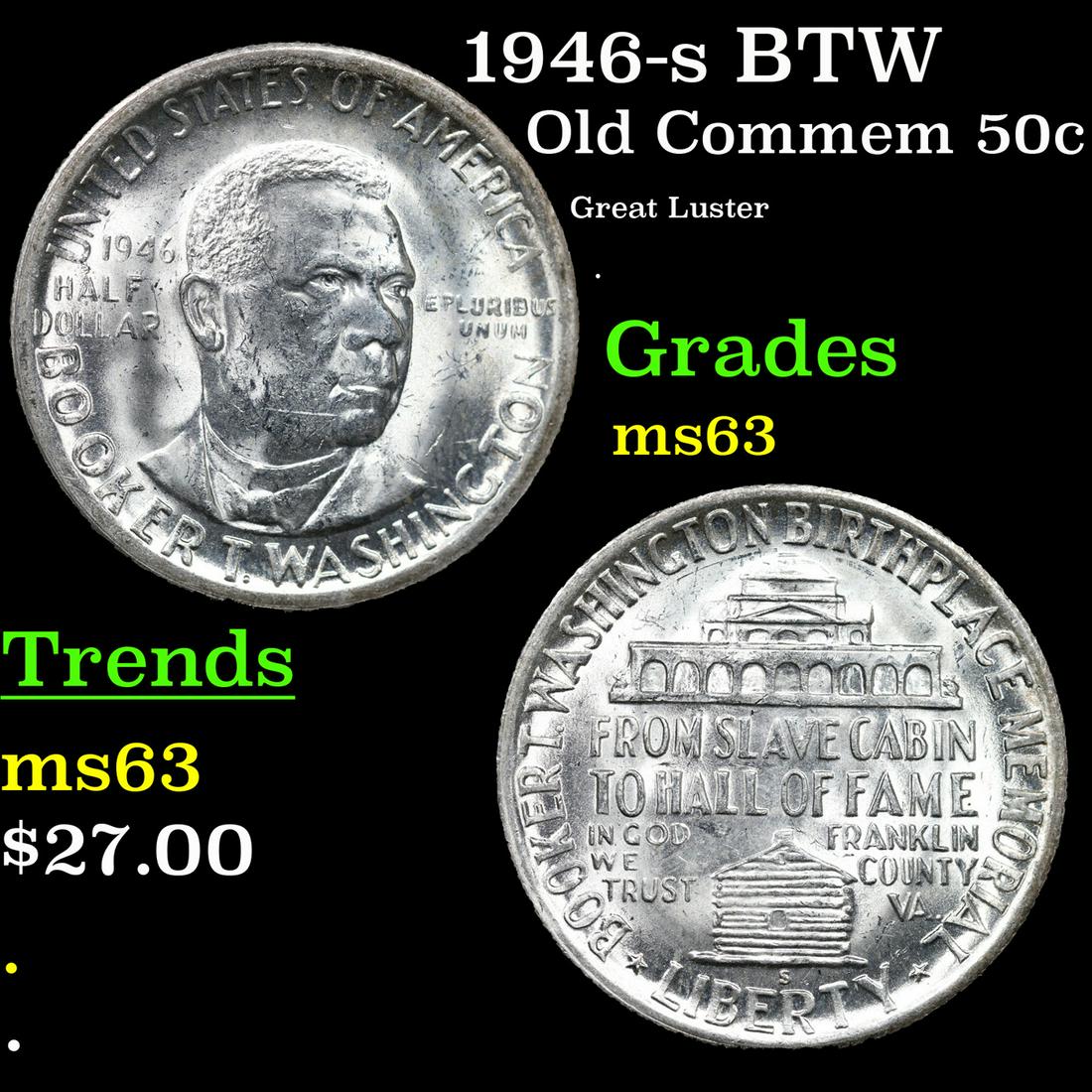 1946-s BTW Old Commem Half Dollar 50c Grades Select Unc (1 of 3)