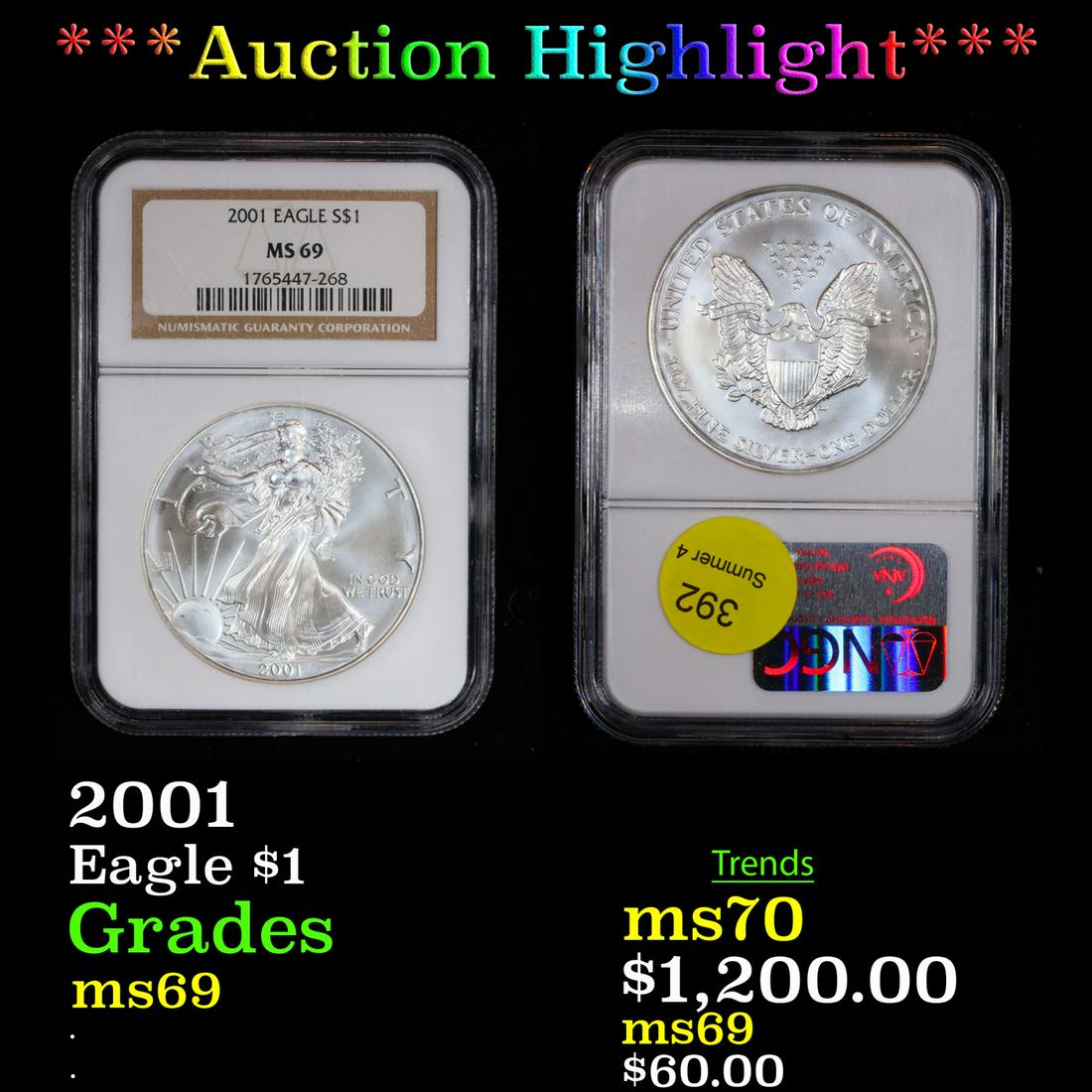 ***Auction Highlight*** NGC 2001 Silver Eagle Dollar $1 Graded ms69 By NGC (fc) (1 of 3)