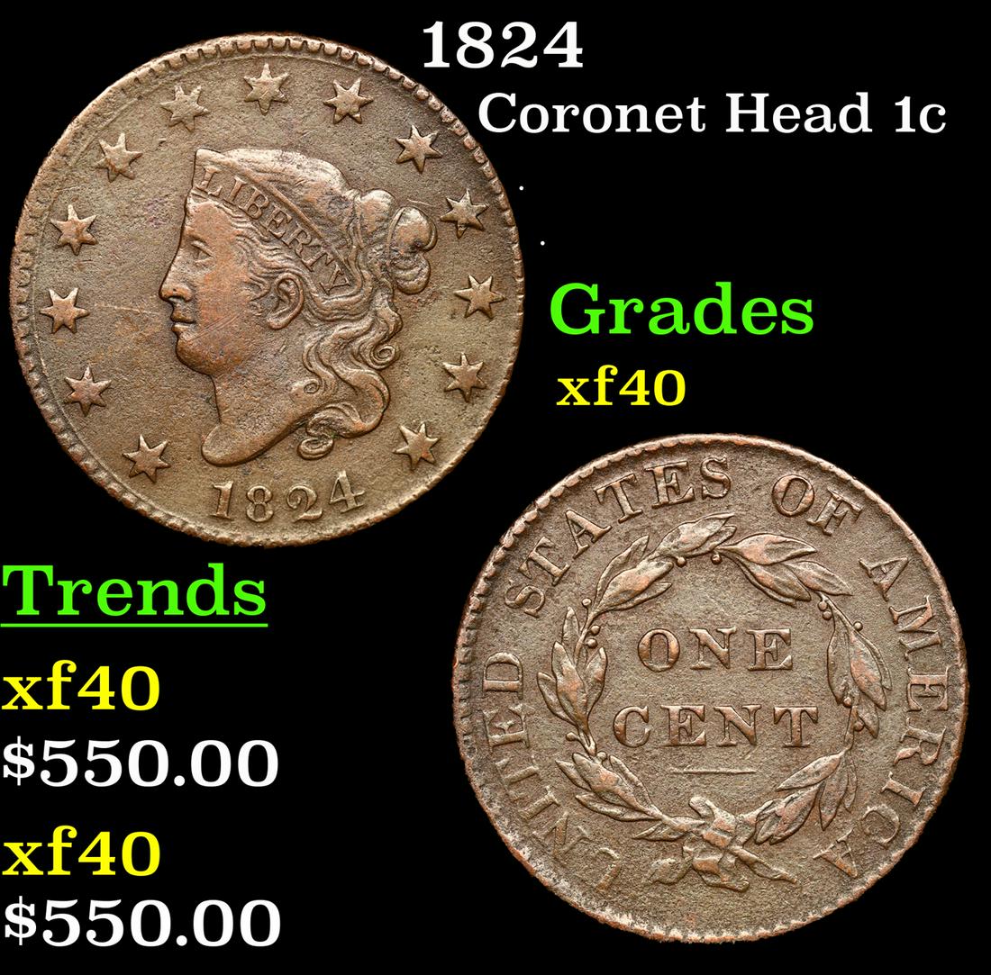1824 Coronet Head Large Cent 1c Graded xf40 By SEGS (1 of 5)