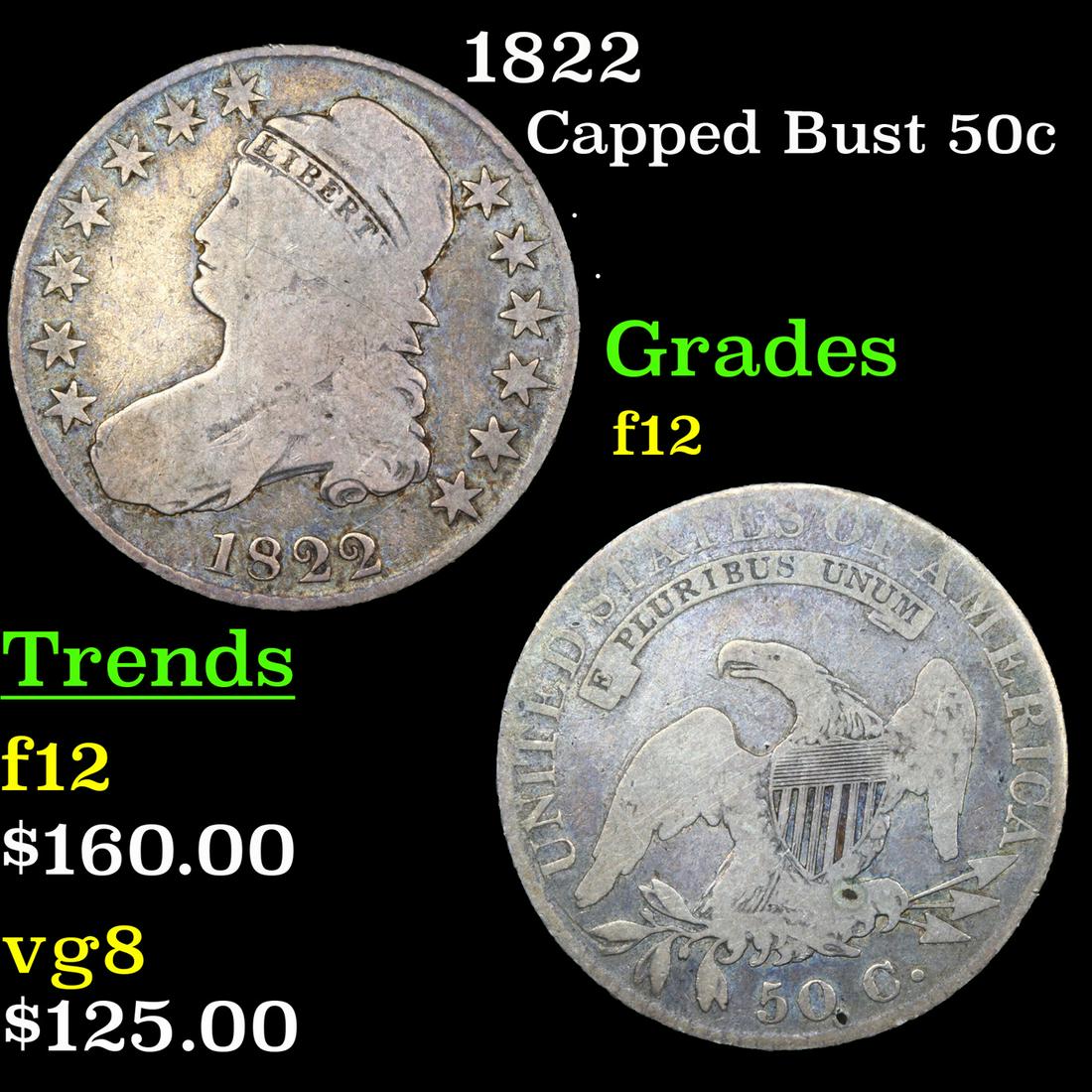 1822 Capped Bust Half Dollar 50c Grades f, fine (1 of 3)