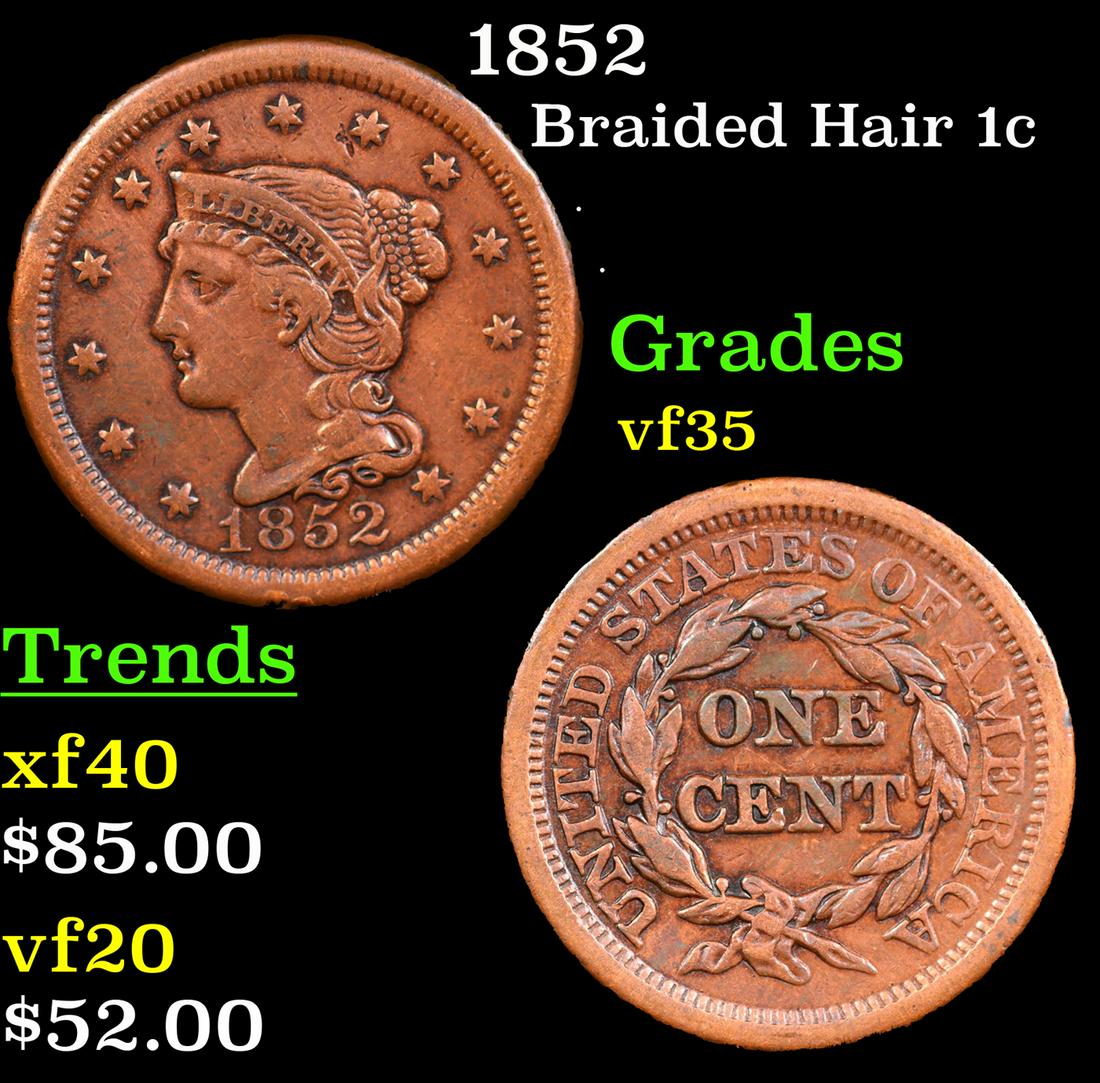 1852 Braided Hair Large Cent 1c Grades vf++ (1 of 3)