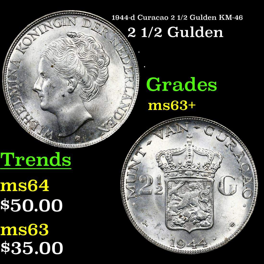1944-d Curacao 2 1/2 Gulden KM-46 Grades Select+ Unc (1 of 3)