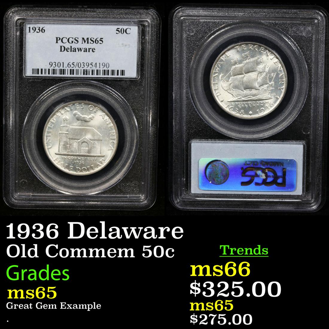 PCGS 1936 Delaware Old Commem Half Dollar 50c Graded ms65 By PCGS (1 of 3)