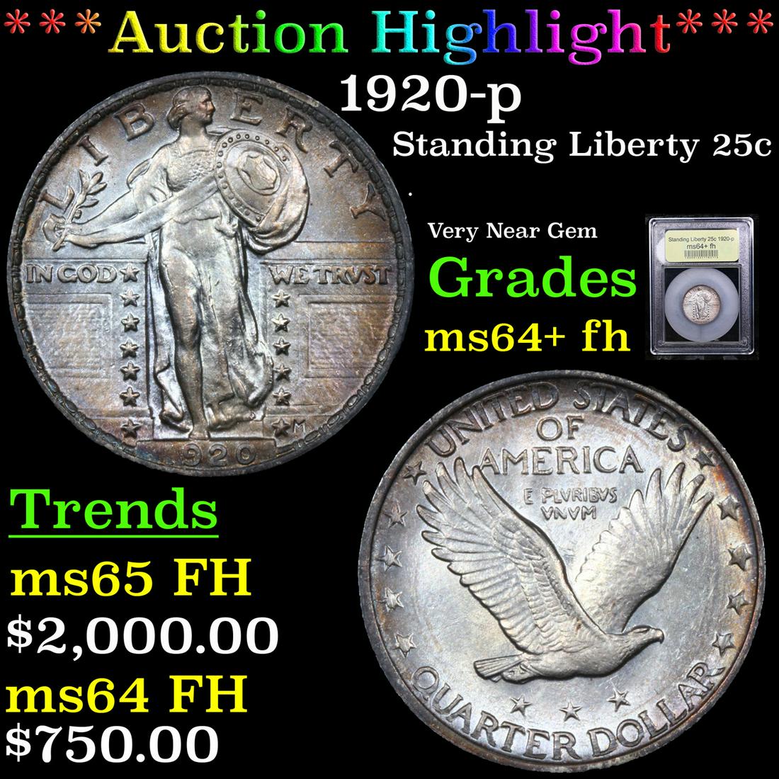 ***Auction Highlight*** 1920-p Standing Liberty Quarter 25c Graded Choice Unc+ FH By USCG (fc) (1 of 5)