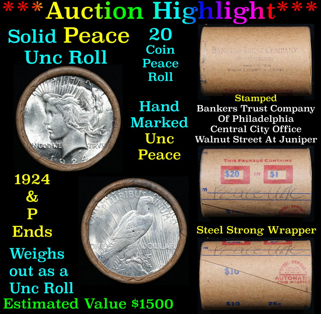 ***Auction Highlight*** Solid Uncirculated Peace silver dollar roll 1924 & P Ends, 20 coins (fc) (1 of 6)
