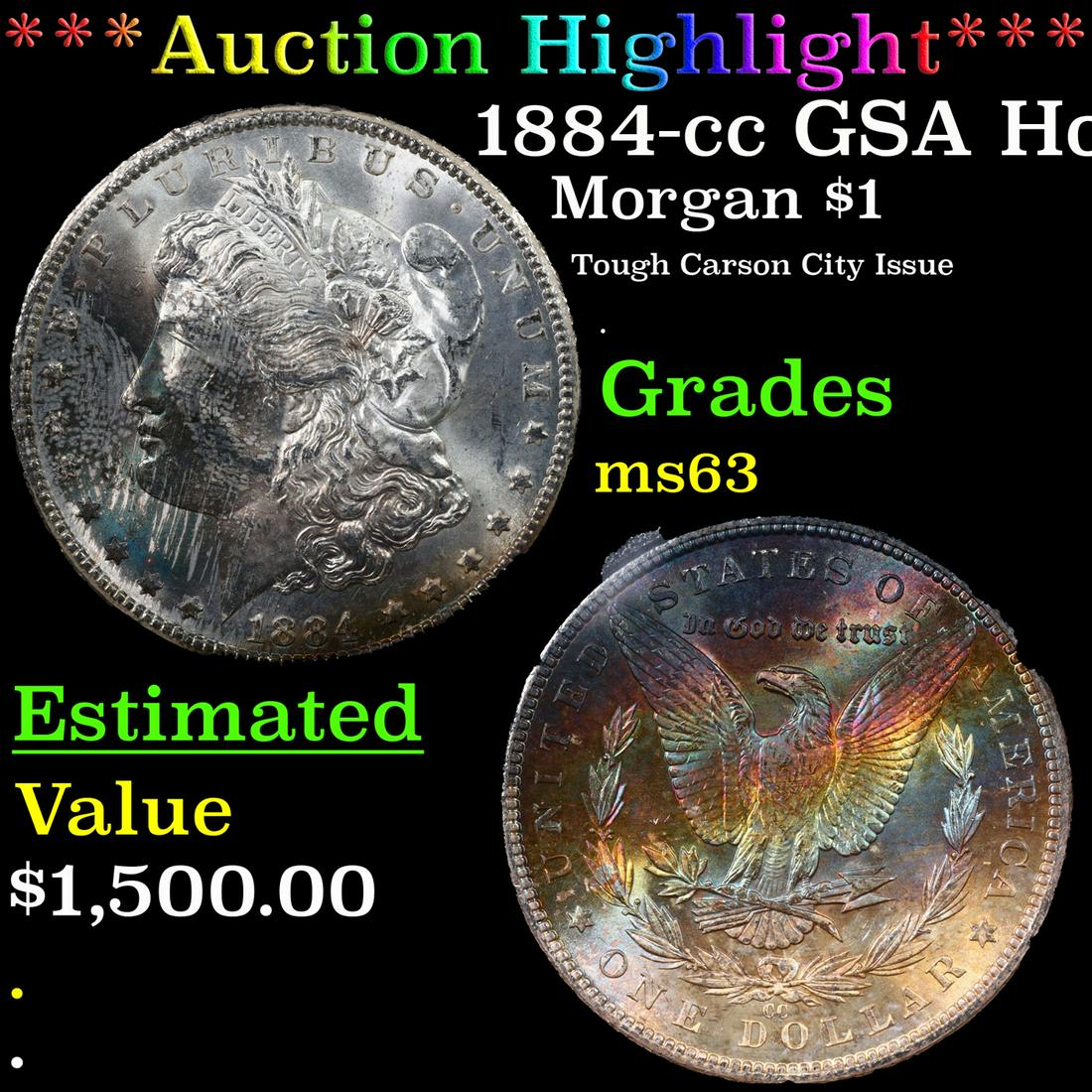 ***Auction Highlight*** NGC 1884-cc Morgan Dollar GSA Hoard Monster Rainbow Toned! $1 Graded ms63 By (1 of 5)