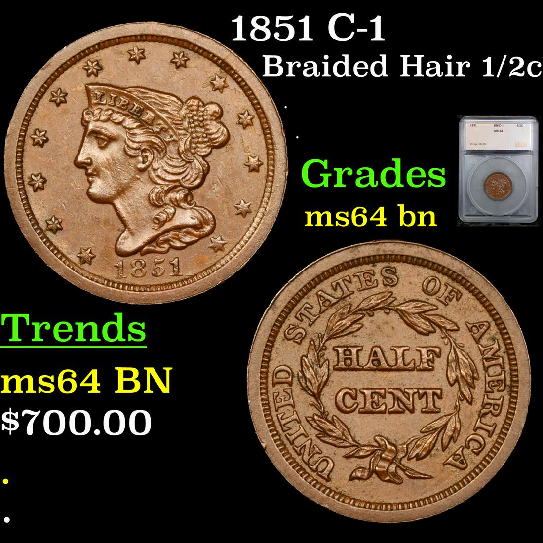 1851 Braided Hair Half Cent C-1 1/2c Graded ms64 bn By SEGS (1 of 5)