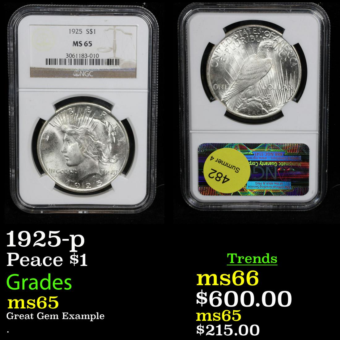 NGC 1925-p Peace Dollar $1 Graded ms65 By NGC (1 of 3)