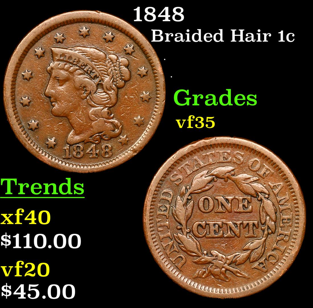 1848 Braided Hair Large Cent 1c Grades vf++ (1 of 3)
