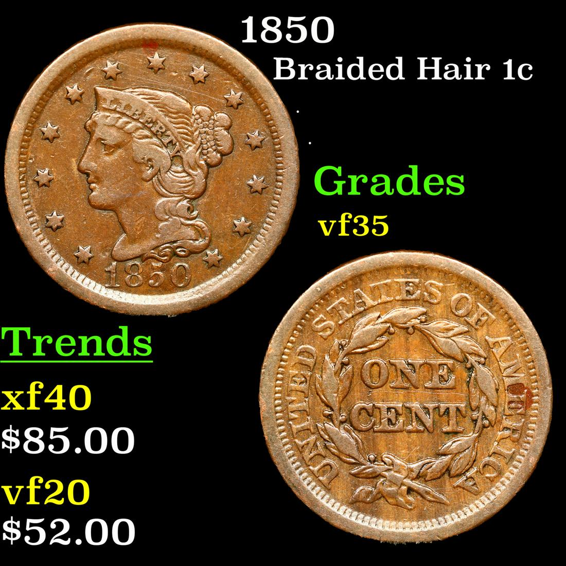 1850 Braided Hair Large Cent 1c Grades vf++ (1 of 3)