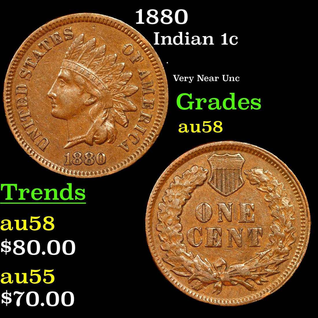 1880 Indian Cent 1c Grades Choice AU/BU Slider (1 of 3)