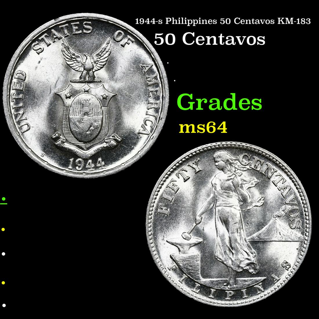 1944-s Philippines 50 Centavos Centavos KM-183 Grades Choice Unc (1 of 3)