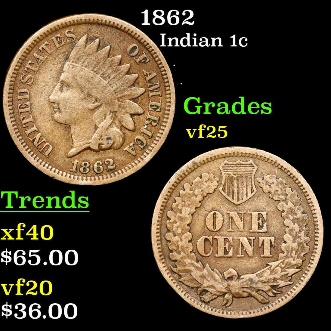 1862 Indian Cent 1c Grades vf+ (1 of 3)
