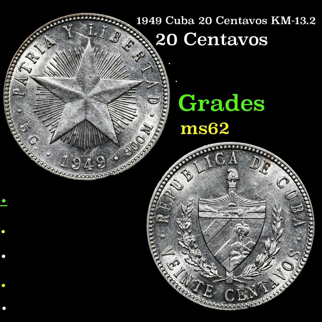 1949 Cuba 20 Centavos Centavos KM-13.2 Grades Select Unc (1 of 3)